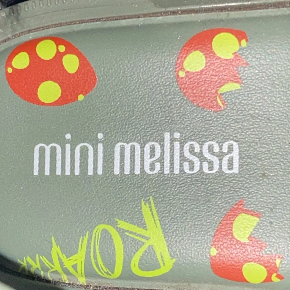 Mini Melissa Kids ARMY GREEN SIZE 10 HOOK LOOP‎ STRAP Dinosaur Sandals EUC CLEAN